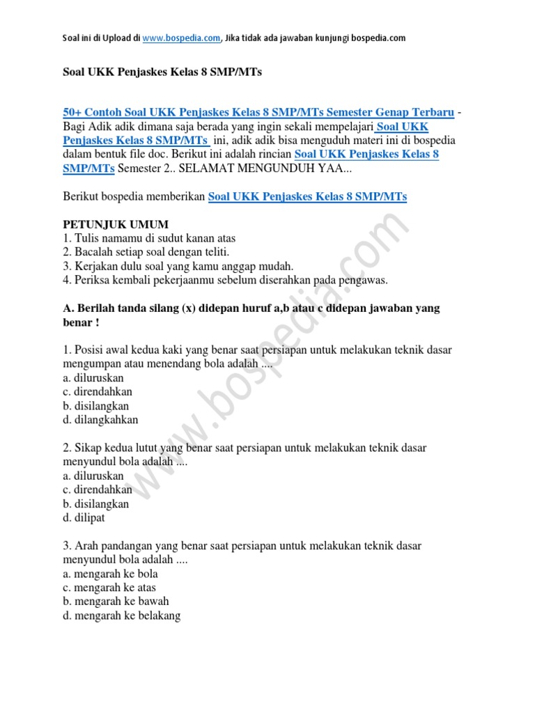 Soal UKK Penjaskes Kelas 8 SMP MTs PDF Soal UKK Penjaskes Kelas 8 SMP MTs PDF