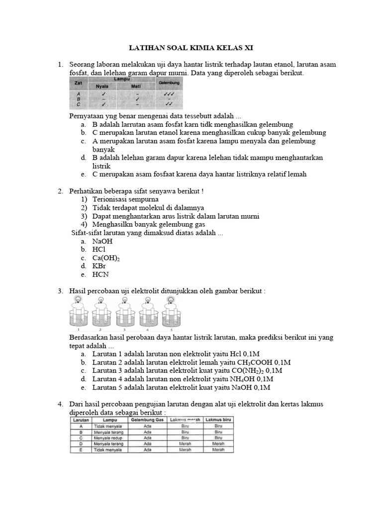 Latihan Soal Kimia Kelas XI tentang Elektrolit PDF Latihan Soal Kimia Kelas XI tentang Elektrolit PDF