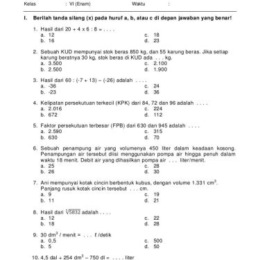 5 Lembar Kerja Soal Matematika Kelas 4 Semester 1 Kurikulum 2013 PDF yang Wajib Dicetak