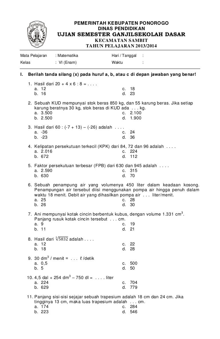 5 Lembar Kerja Soal Matematika Kelas 4 Semester 1 Kurikulum 2013 PDF yang Wajib Dicetak