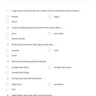 5 Soal PLH Kelas 1 SD Semester 1 dan Kunci Jawaban Siap Cetak – Wajib Punya