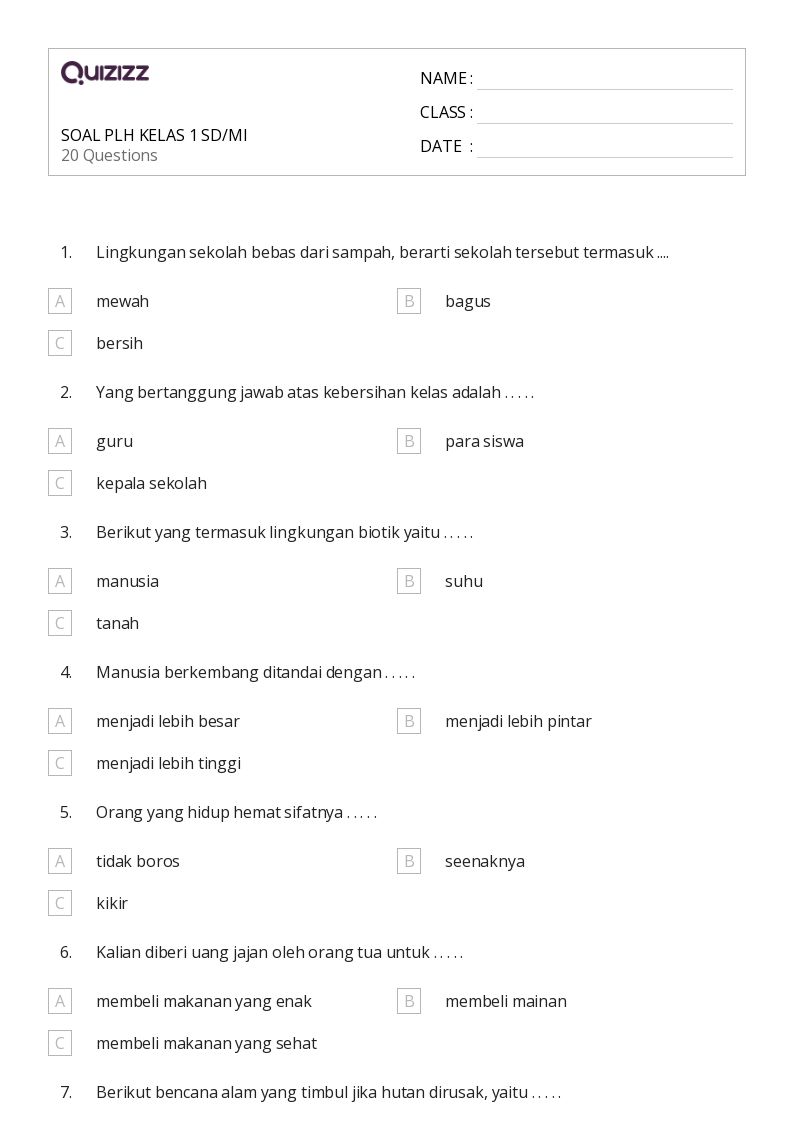 5 Soal PLH Kelas 1 SD Semester 1 dan Kunci Jawaban Siap Cetak – Wajib Punya
