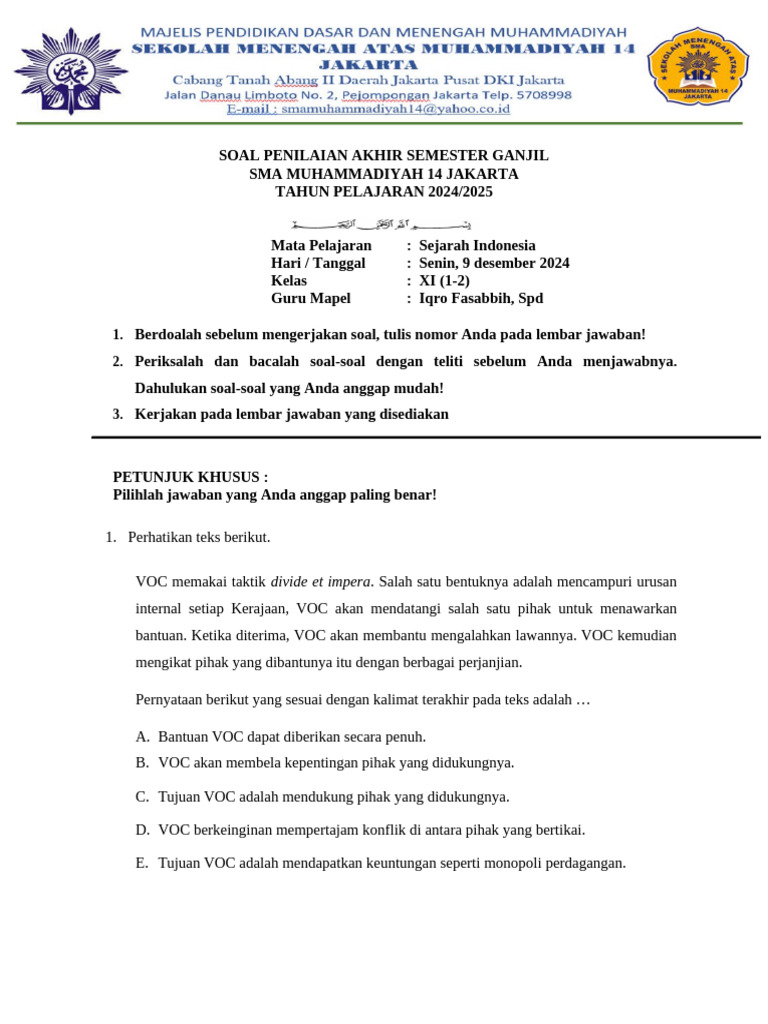 Bocoran 15 Soal UAS Sejarah Indonesia Kelas XI Semester 2 yang Sering Keluar Saat Ujian