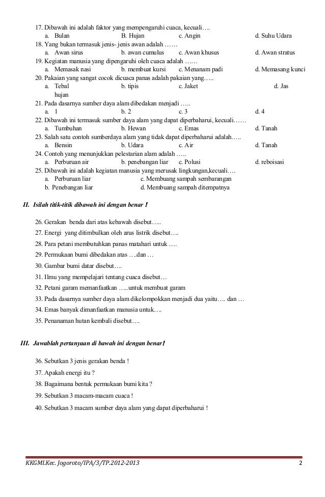Wajib Tahu! 5 Lembar Kerja Soal IPA Kelas 3 SD Semester 1 PDF Siap Cetak