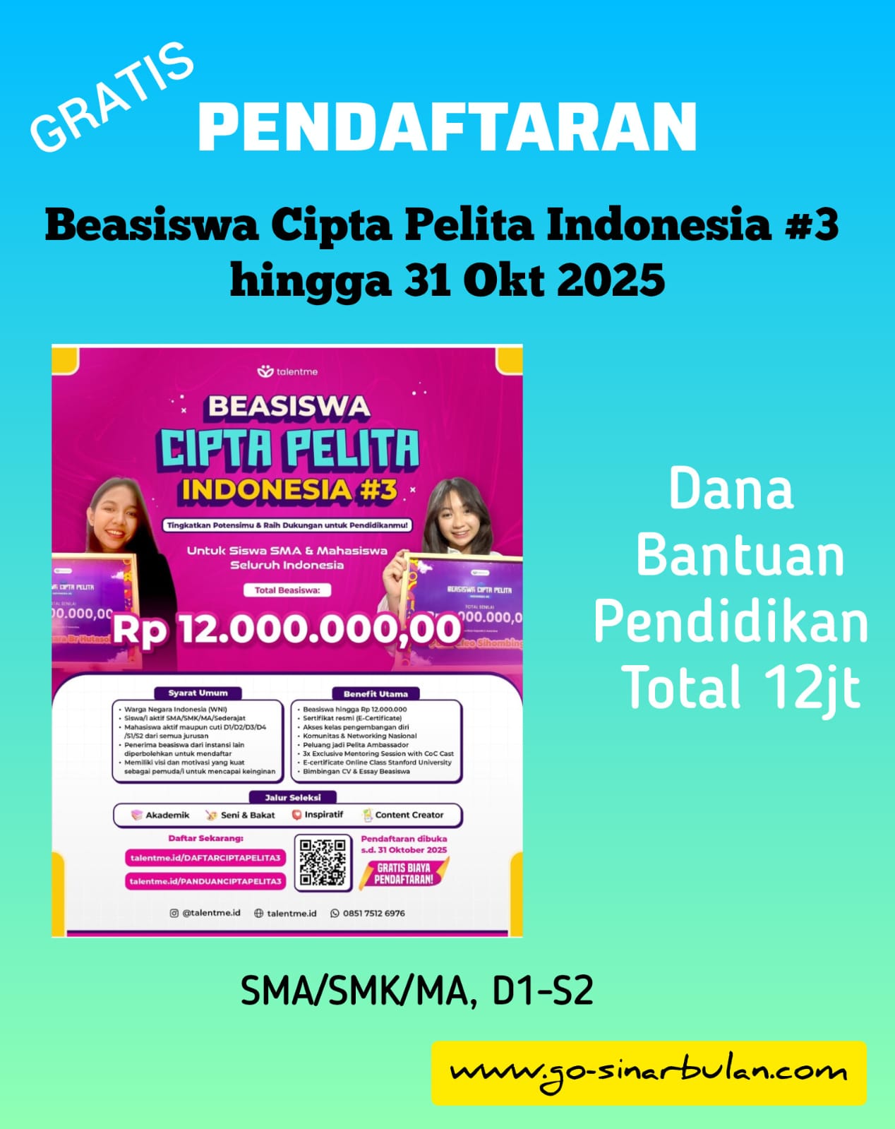 Pendaftaran Beasiswa Cipta Pelita Indonesia 3 Bagi SMA SMK MA D1-S2