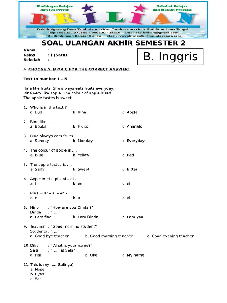 5 Contoh Soal Ulangan Harian Bahasa Inggris Kelas 3 SD yang Wajib Dikuasai Orang Tua