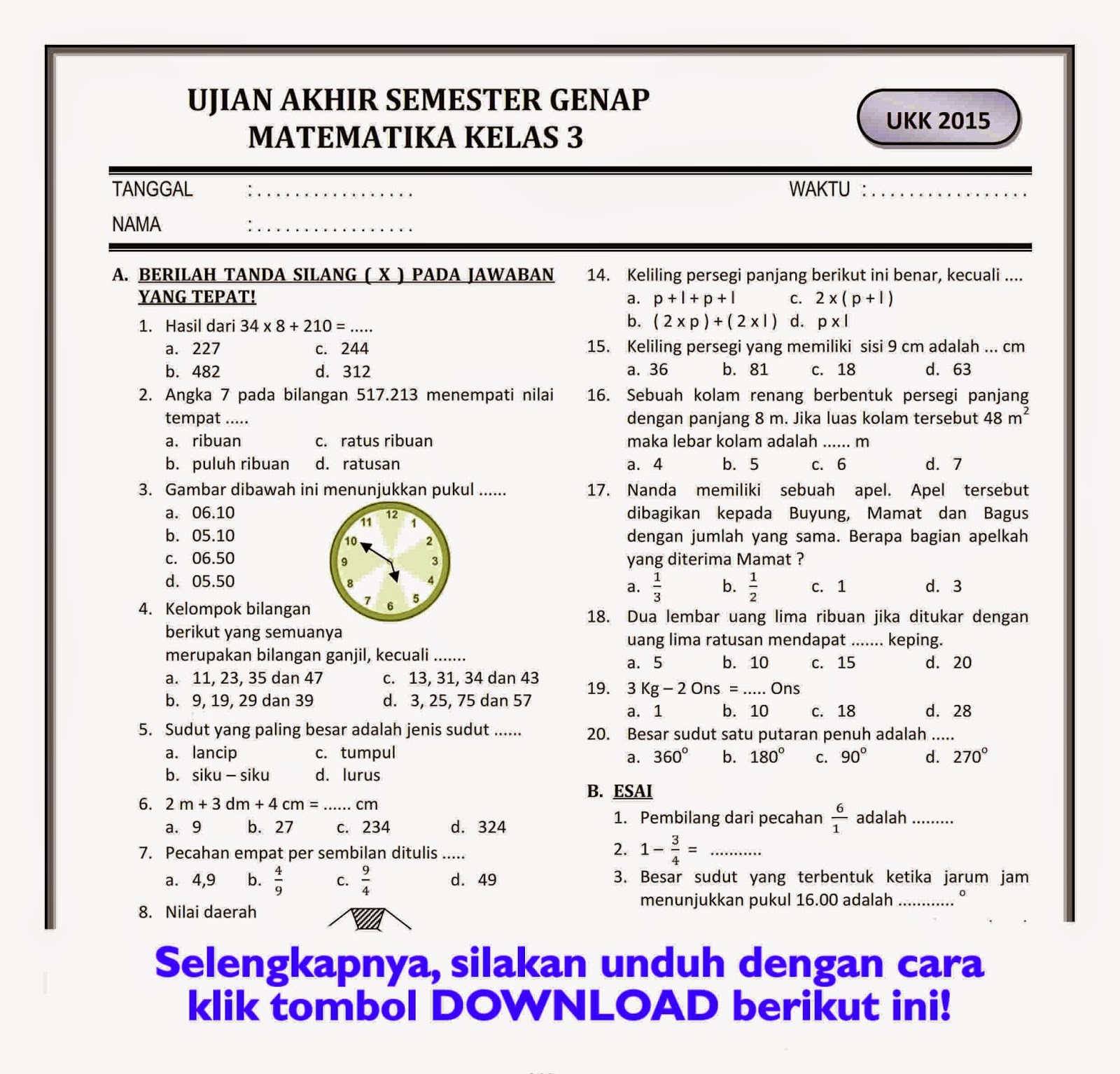 5 Contoh Soal dan Jawaban Matematika Kelas 3 SD Semester 2 yang Wajib Dikuasai Siswa