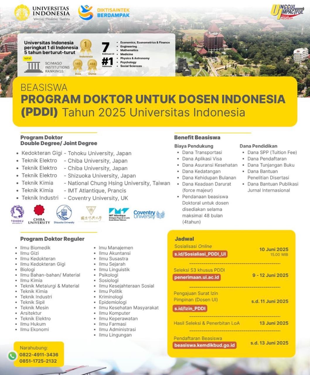 Universitas Indonesia Buka Beasiswa Doktor PDDI 2025 untuk Dosen