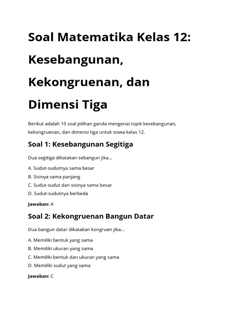 Soal Matematika Kelas 12 Kesebangunan Kekongruenan Dan Dimensi Tiga
