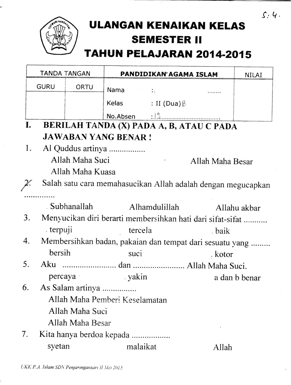 contoh soal agama islam kelas 3 sd kurikulum 2013