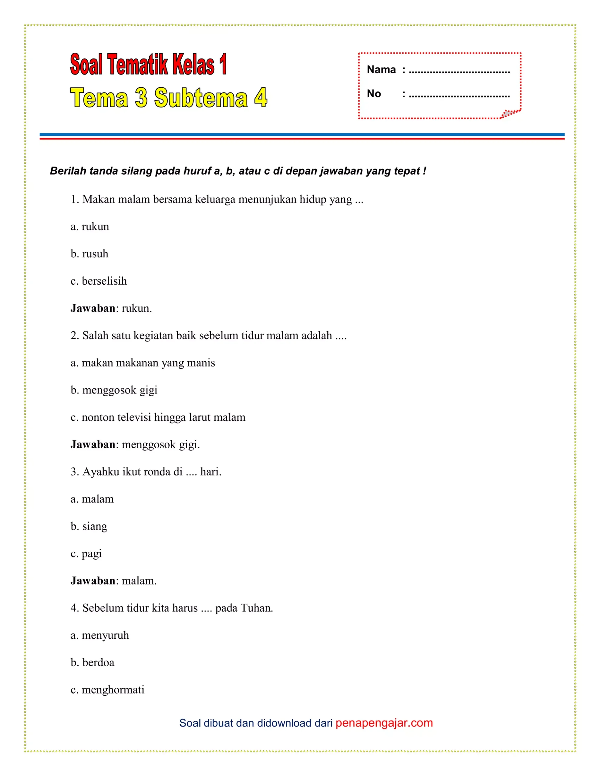 5 Contoh Soal Ulangan Harian Kelas 1 Tema 4 Subtema 3 yang Jarang Diketahui Guru