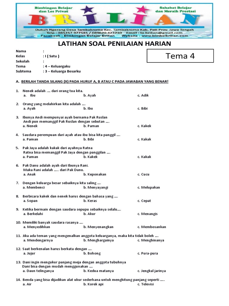 7 Contoh Soal TAP Tematik Kelas 1 SD Tema Keluargaku yang Wajib Diketahui Sebelum Ujian
