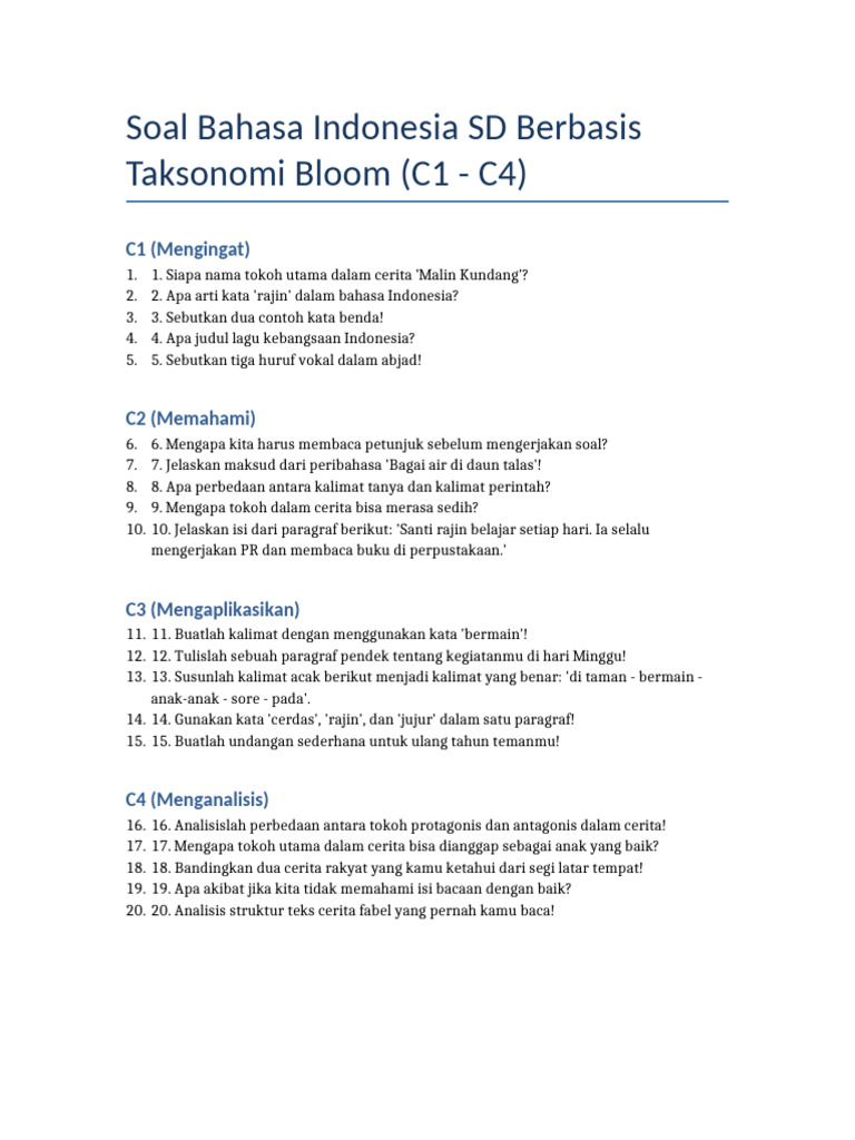 7 Contoh Soal Taksonomi Bloom Kelas 1 SD K13 yang Wajib Dicoba Guru agar Anak Ternyata Paham Sekali