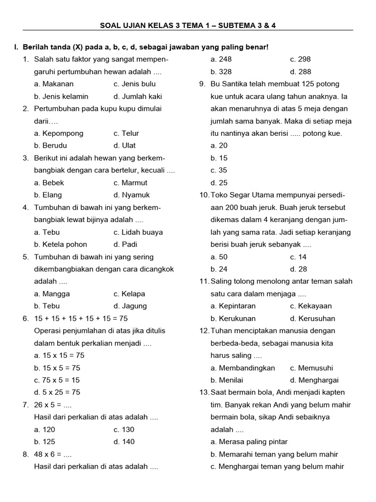 Soal Ujian Kelas 3 Tema 1 - Subtema 3 4 PDF Soal Ujian Kelas 3 Tema 1 - Subtema 3 4 PDF