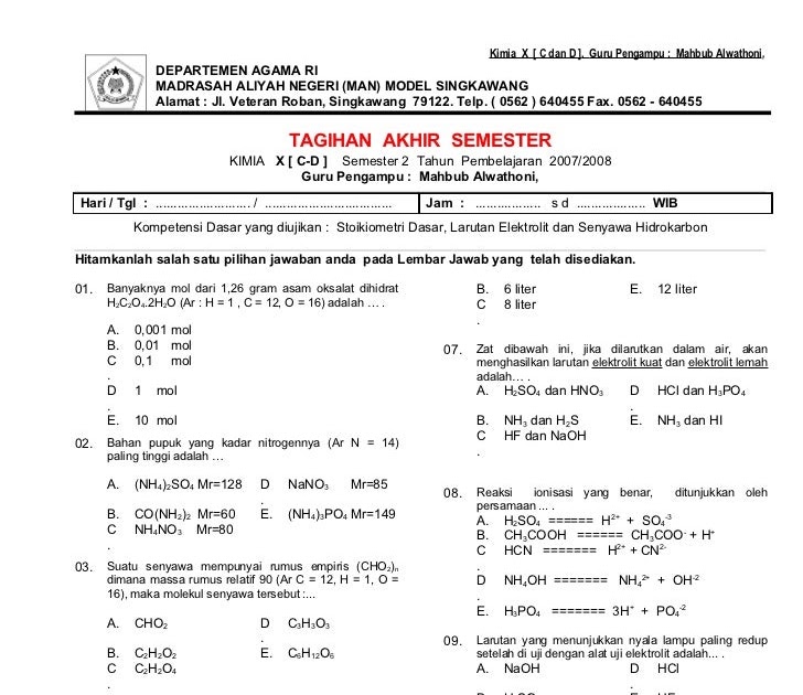 Terbukti! 7 contoh soal kimia kelas 10 semester 2 dan jawabannya pdf yang jarang diketahui
