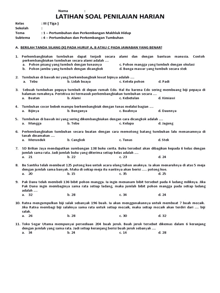 Soal Perkembangbiakan Tumbuhan Kelas 3 PDF Soal Perkembangbiakan Tumbuhan Kelas 3 PDF