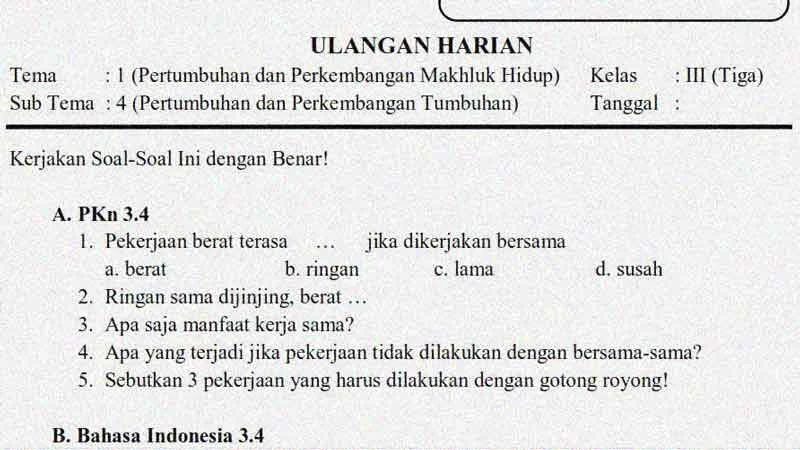 Wajib Tahu 5 Contoh Soal Ulangan Harian Kelas 3 Tema 1 Subtema 4 Beserta Kunci Jawaban yang Sering Muncul