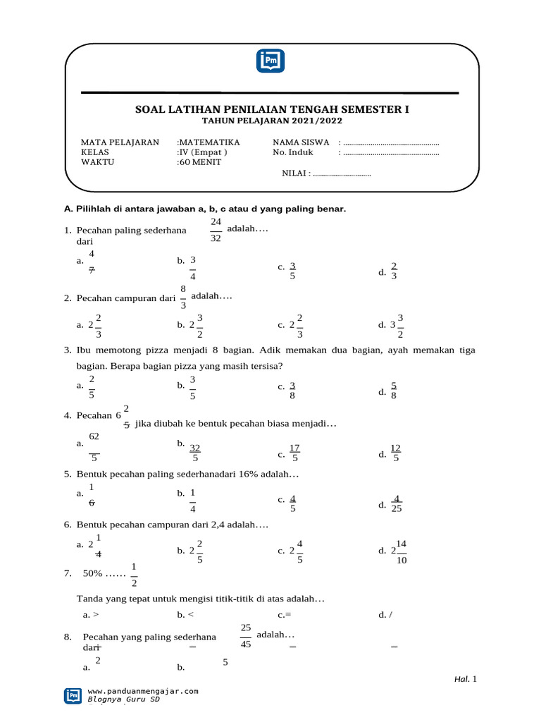 Bocoran Soal PTS Matematika SD Kelas 4 Semester 1 Terbukti Ampuh Raih Nilai Sempurna