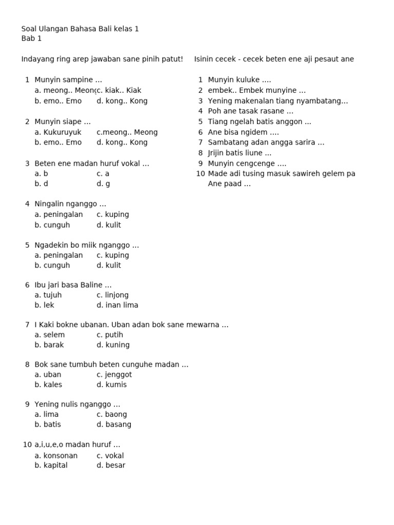 Download Gratis Soal Bahasa Bali Kelas 1 SD Semester 2 PDF Terbaru Untuk Persiapan Ujian