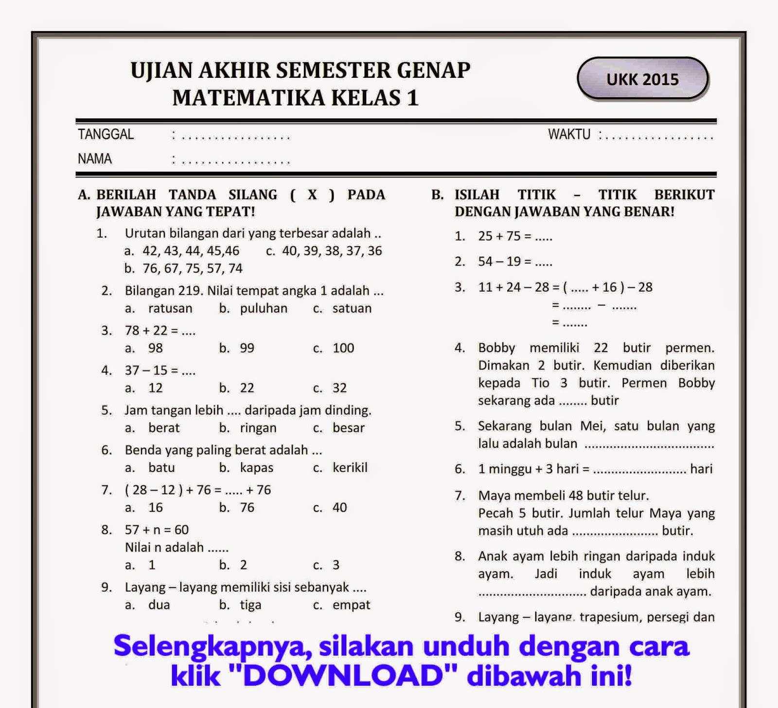 Rahasia Skor Sempurna Bocoran soal pts matematika kelas 4 sd semester 1 kurikulum 2013
