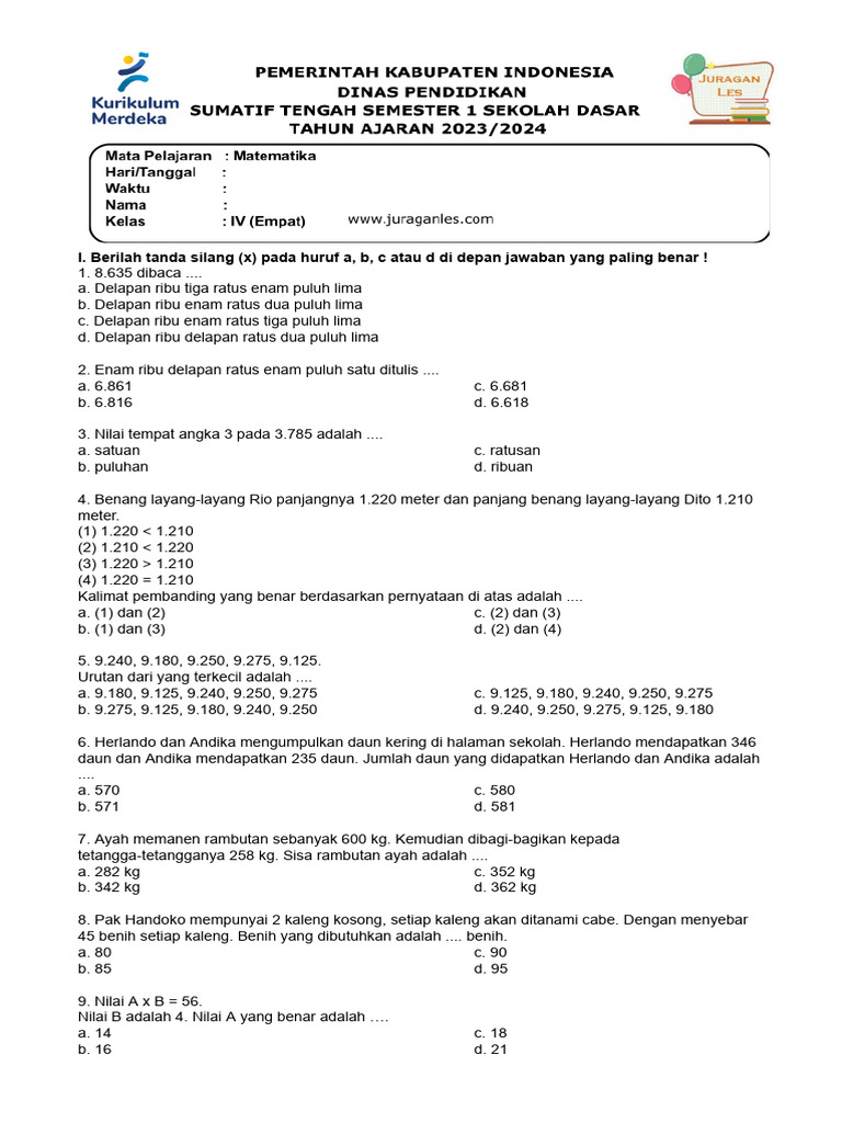 Rahasia Skor Tinggi: Bocoran soal pts matematika sd kelas 4 semester 1 juraganles