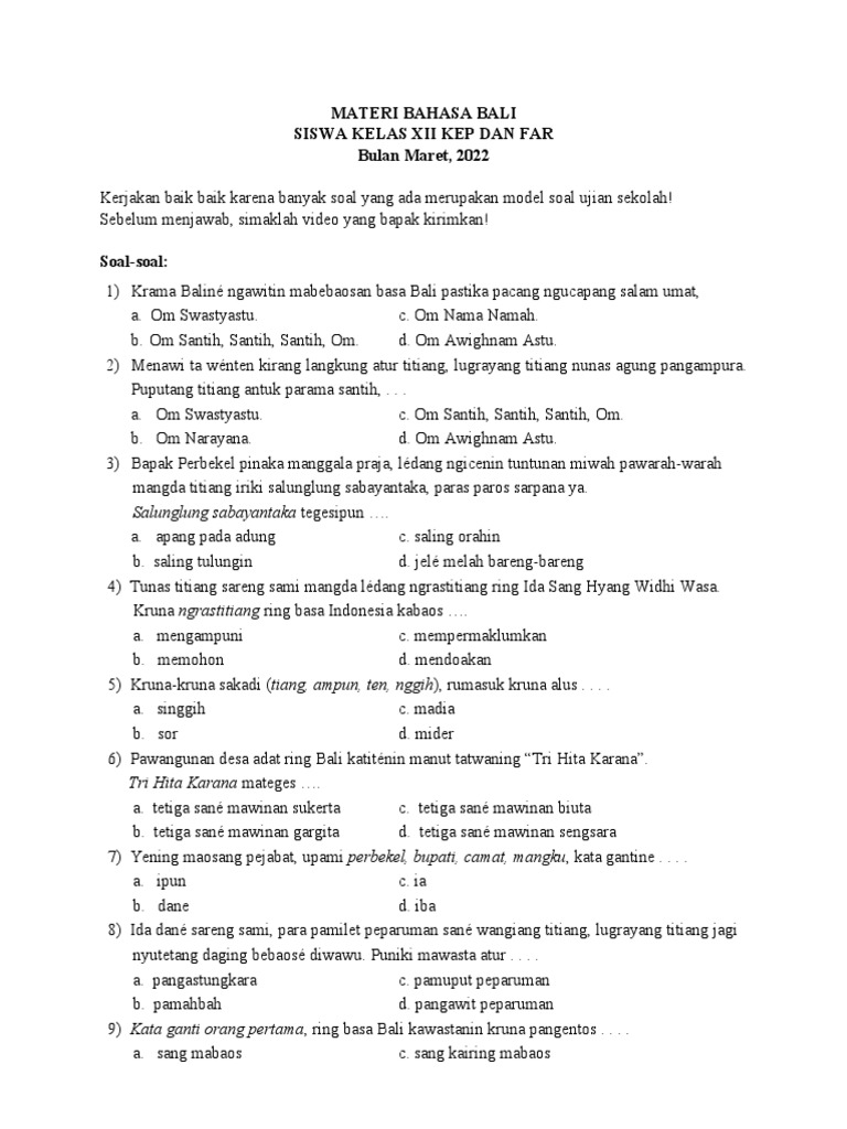 Wajib Tahu Bocoran Soal Bahasa Bali Kelas 12 Semester 2 Kurikulum 2013 Agar Lulus