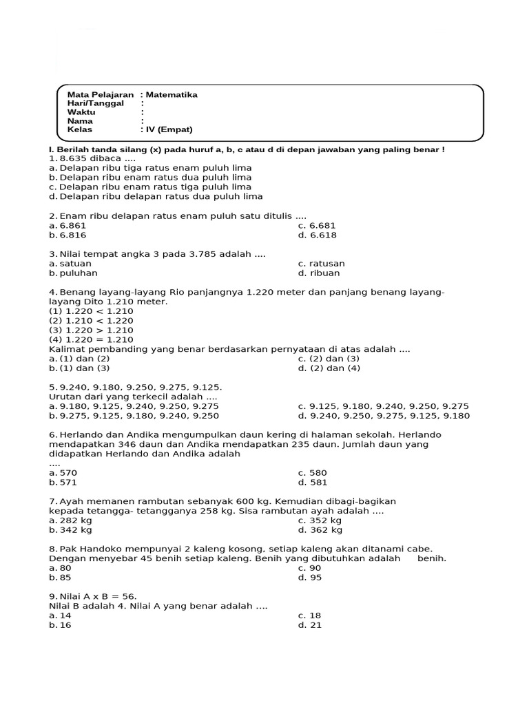 Wajib Tahu Rahasia Skor Sempurna Lewat Bocoran Soal PTS Matematika Kelas 4 Semester 1 K 13 Wajib Tahu Rahasia Skor Sempurna Lewat Bocoran Soal PTS Matematika Kelas 4 Semester 1 K 13